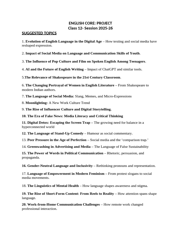 Class 12 English Project Topics 2025-26 | PDF | English Language | Essays