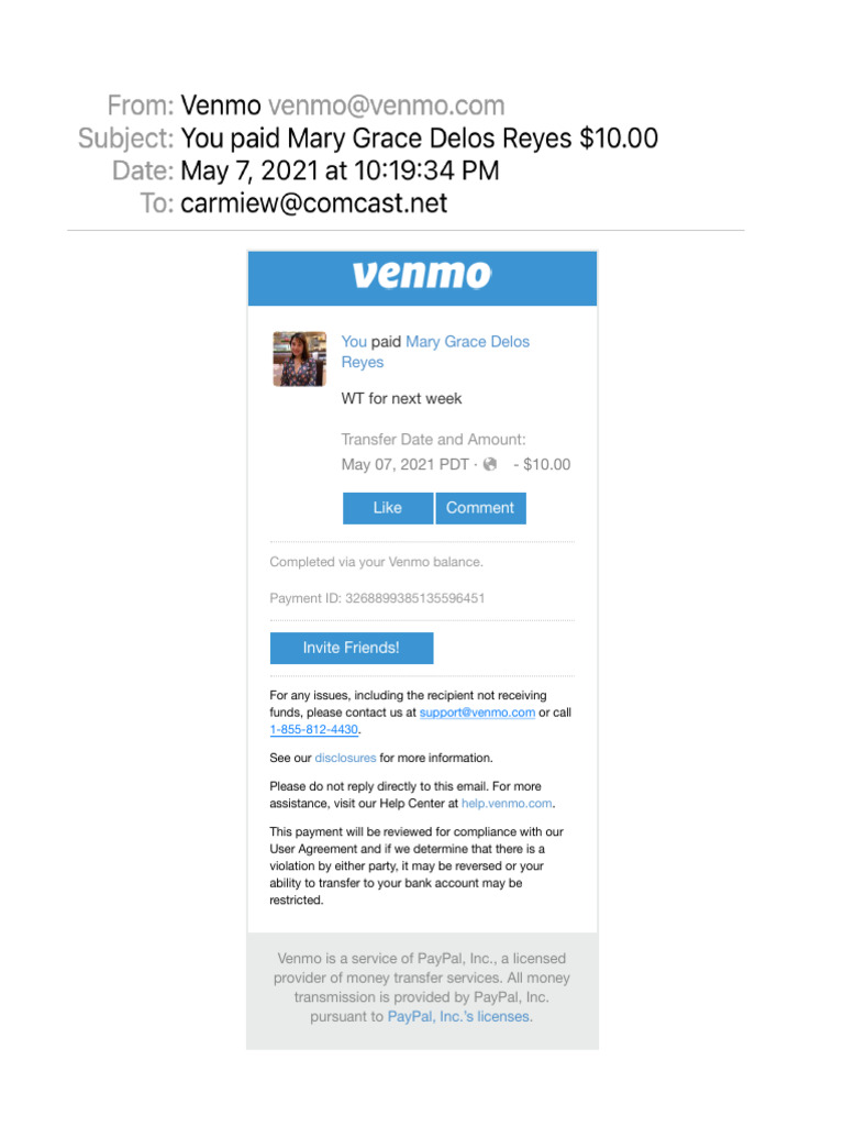 Venmo Payment Confirmation: $10 to Mary | PDF