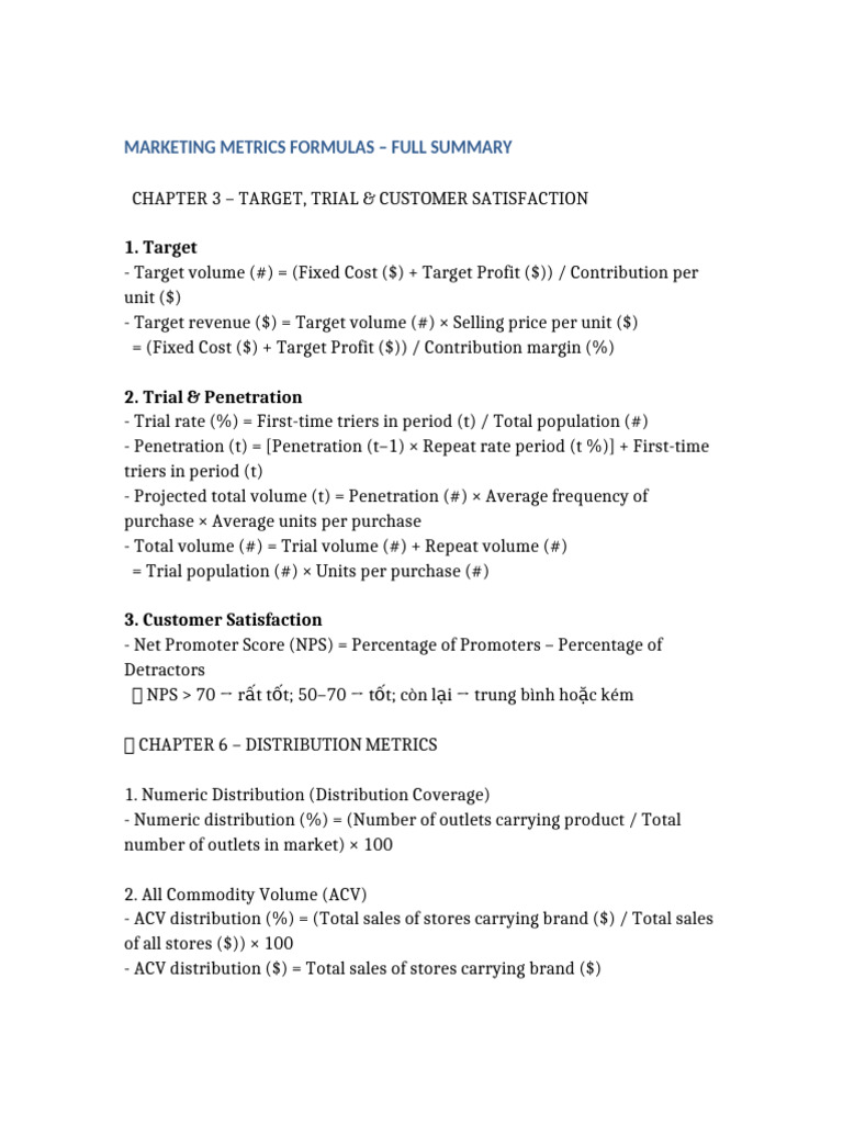 Marketing Metrics Formulas Overview | PDF | Gross Margin | Microeconomics