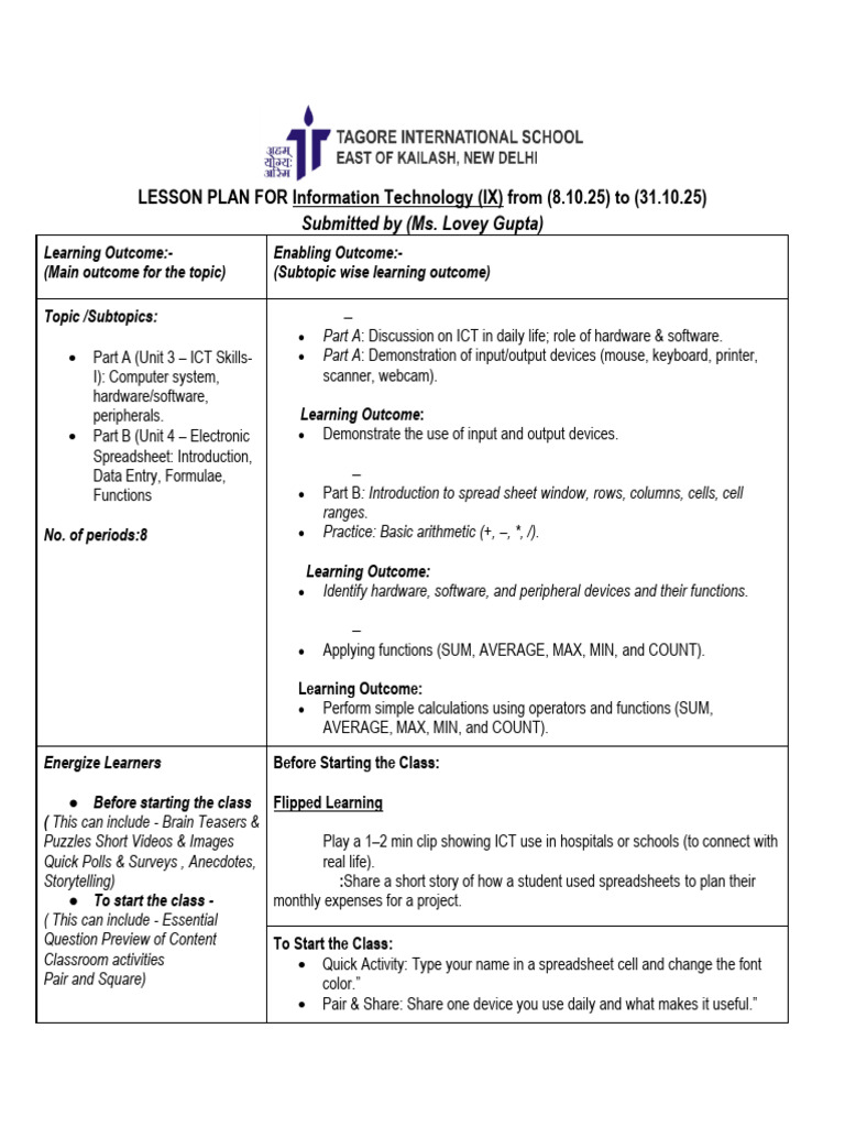 IT Lesson Plan for Class IX (Oct 2025) | PDF | Spreadsheet ...