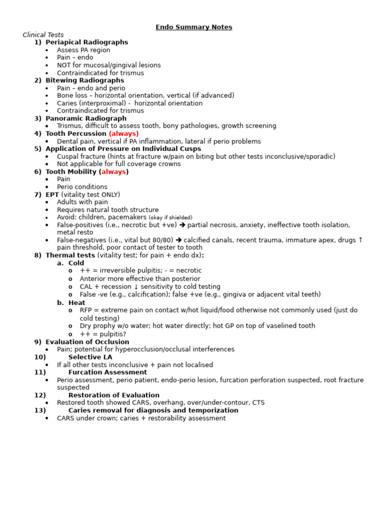 Endo, Restorative Summary Notes | PDF | Dental Anatomy | Tooth