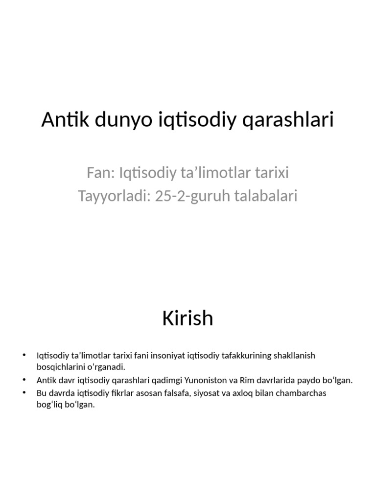 Antik Dunyo Iqtisodiy Qarashlari 25 2 Guruh | PDF