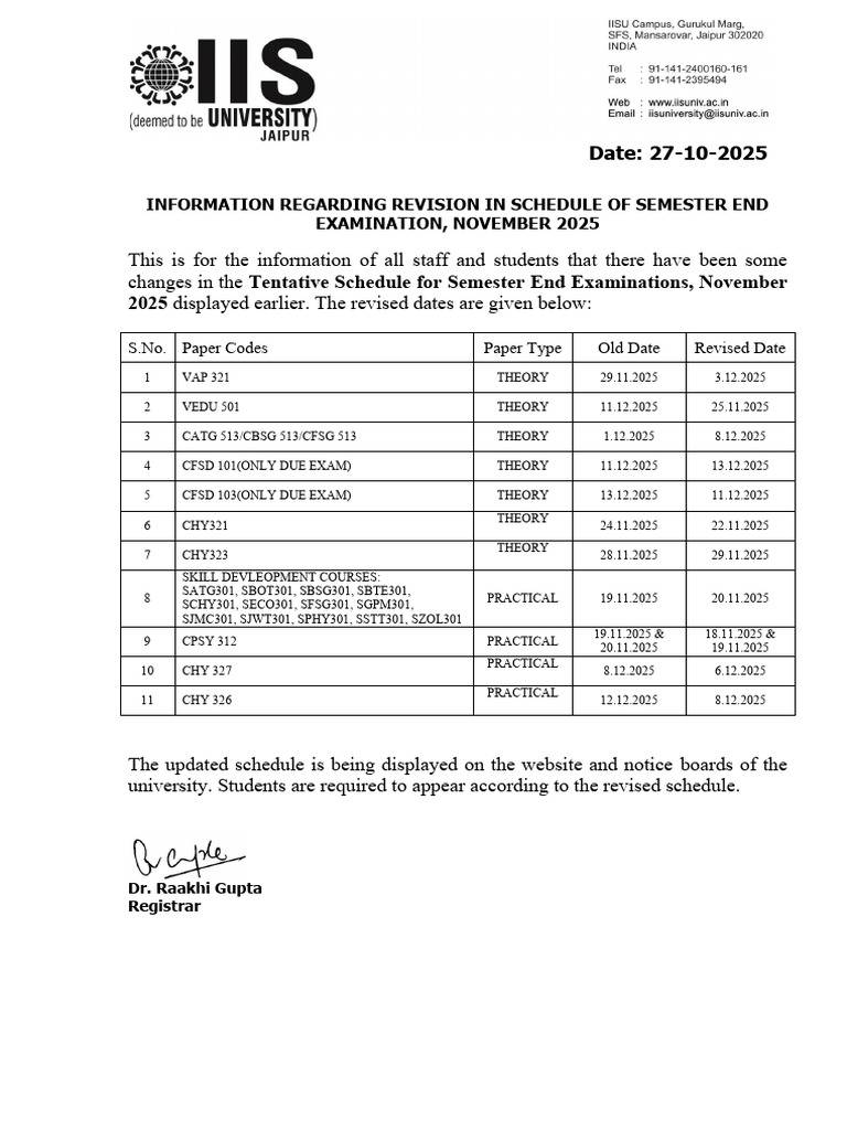 Revised Semester Exam Schedule Nov 2025 | PDF