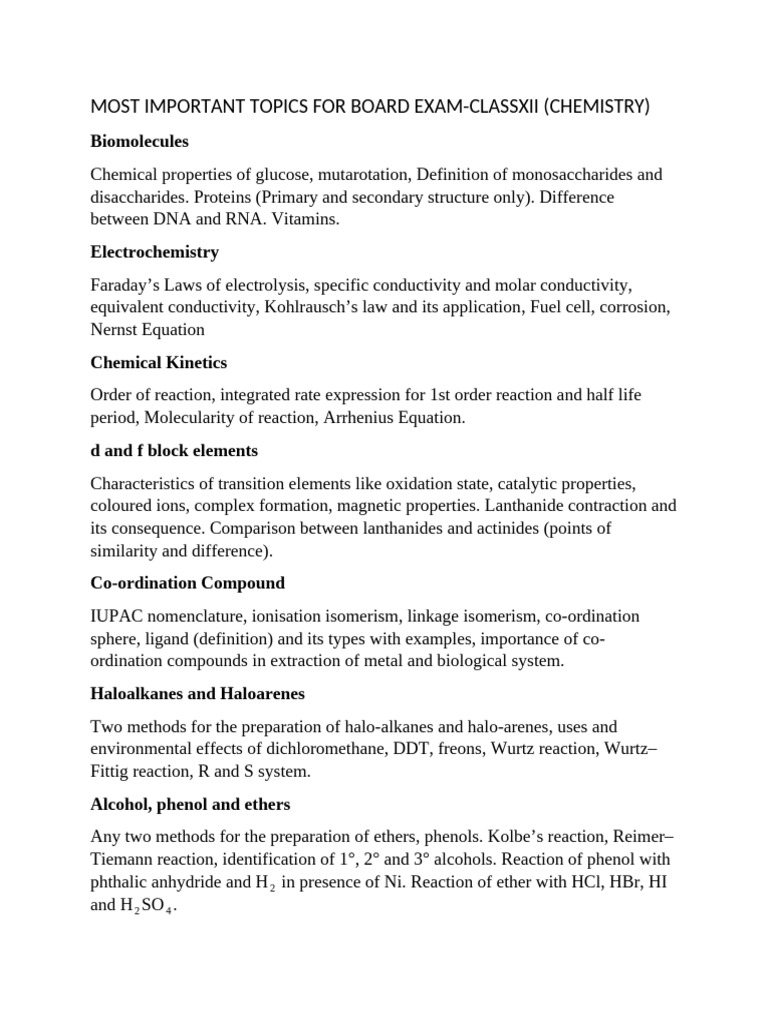 Key Chemistry Topics for Class XII Exams | PDF | Chemical Reactions | Acid