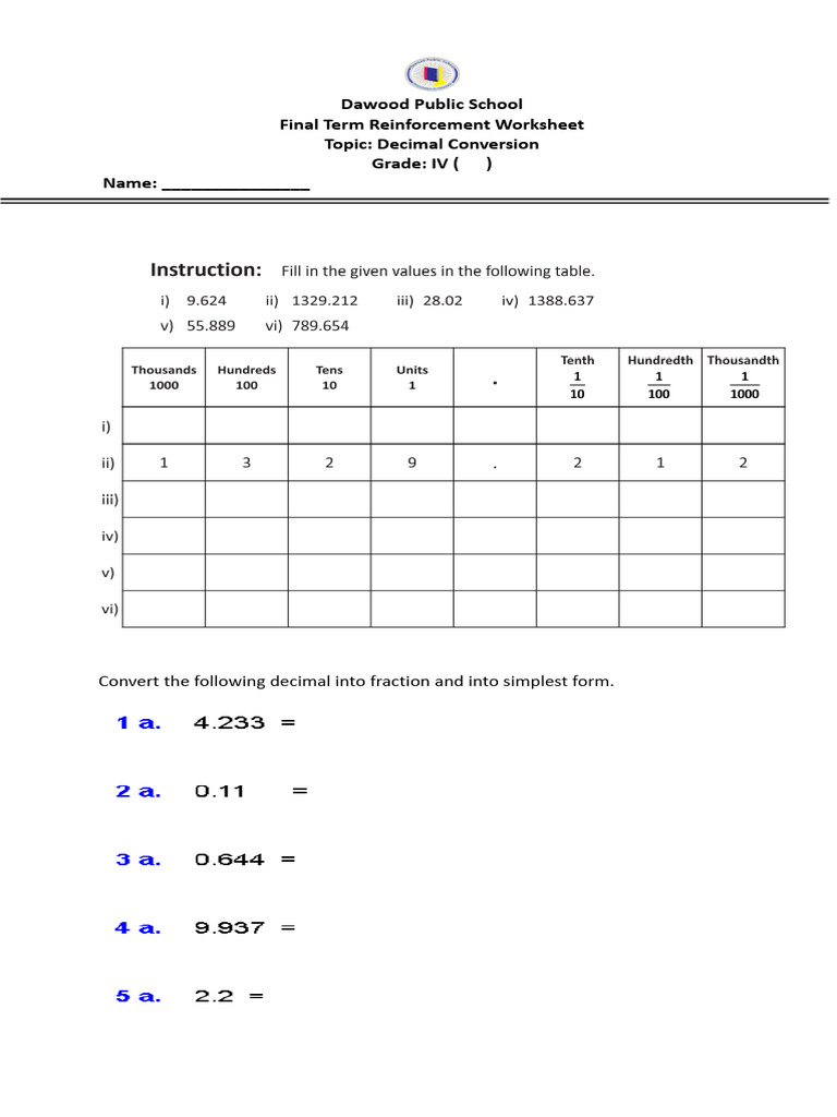 Decimal Conversion Worksheet for Grade IV | PDF | Elementary ...