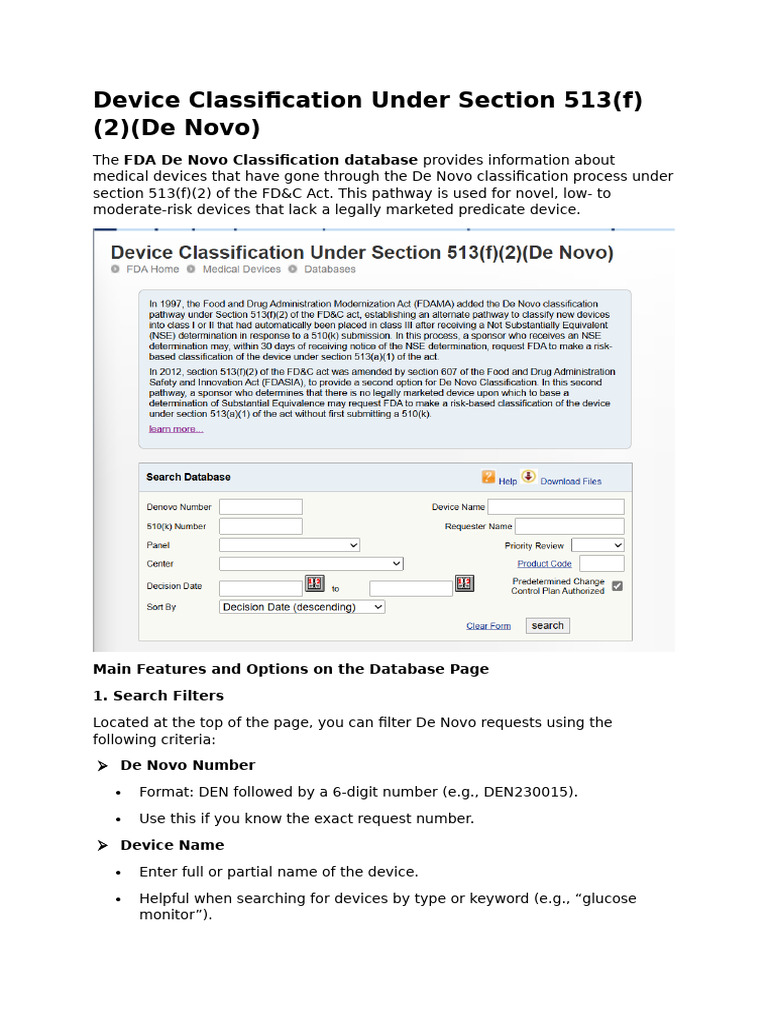 FDA De Novo Device Classification Guide | PDF