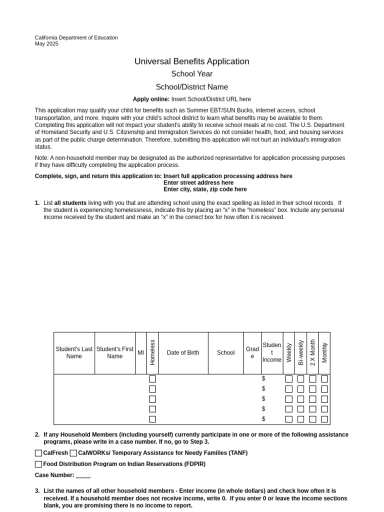 Universal Benefits Application: School Year School/District Name | PDF ...