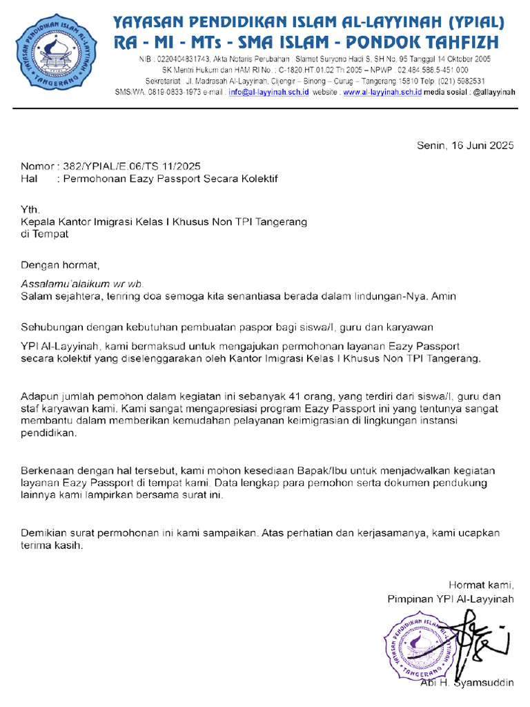 Permohonan Eazy Paspor Imigrasi YPI Al-Layyinah Draft 1 | PDF