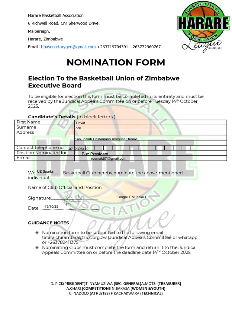 Harare Basketball Association Nomination Form | PDF