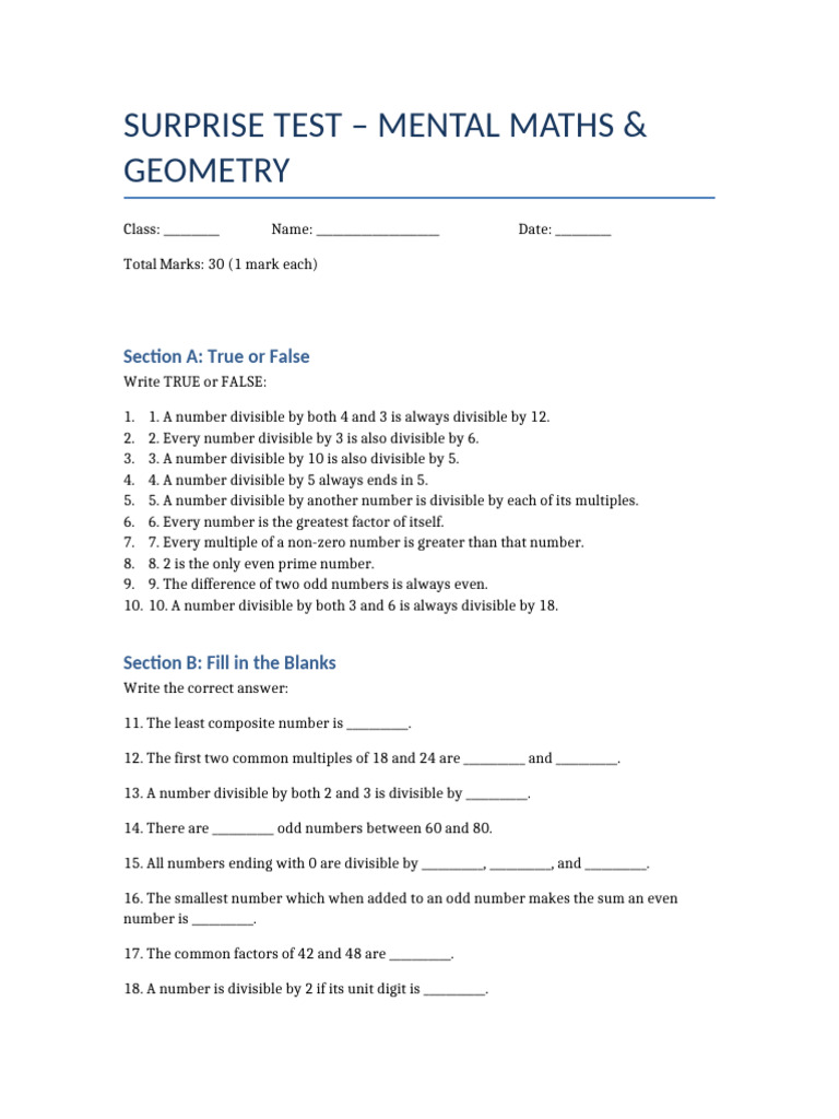 Surprise Test Mental Maths and Geometry | PDF