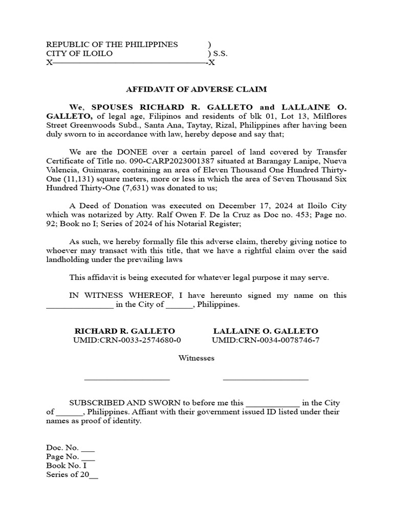 Affidavit of Adverse Claim - Philippines | PDF
