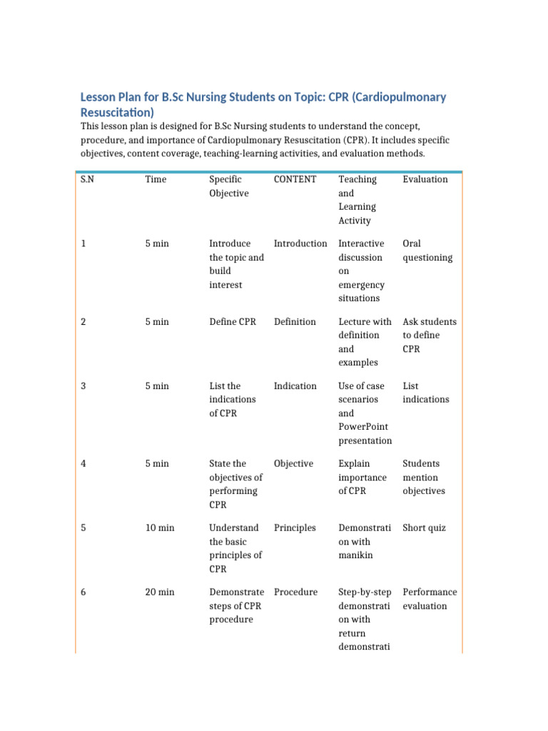CPR Lesson Plan for Nursing Students | PDF | Cardiopulmonary ...
