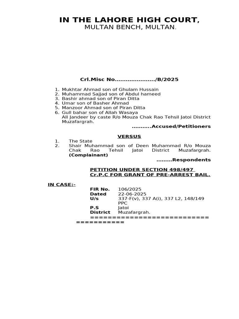 Pre-Arrest Bail Petition in Lahore High Court | PDF | Bail | Witness
