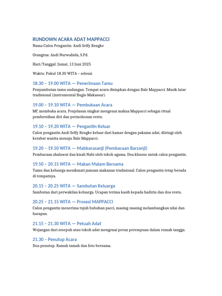 Rundown Acara Adat Mappacci 2025 | PDF
