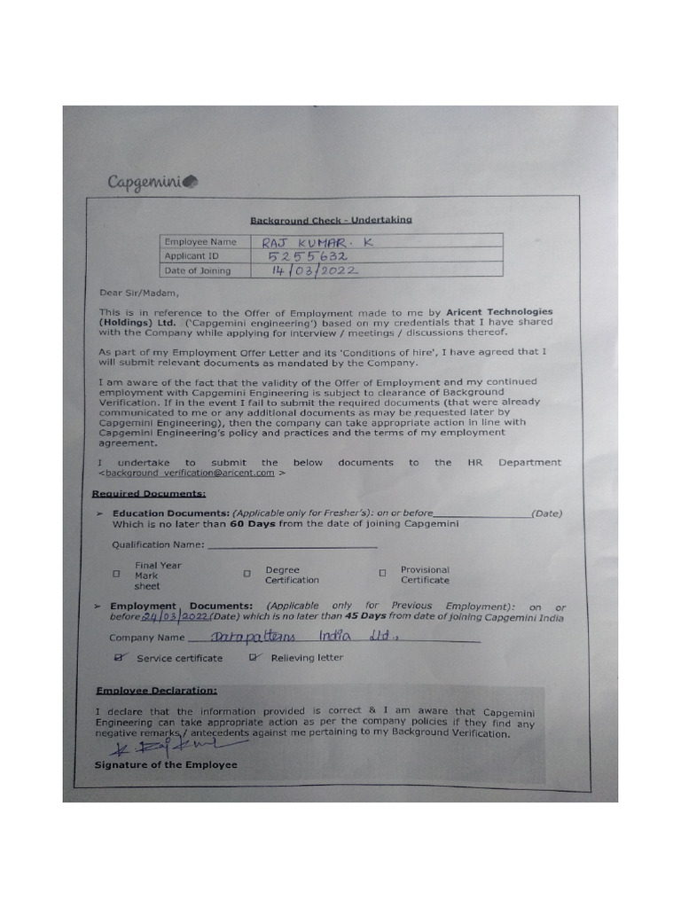 Background Verification - Undertaking Form | PDF