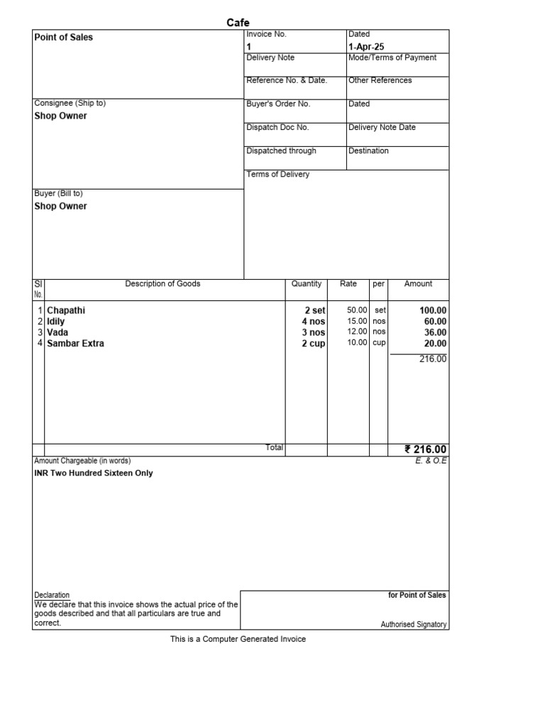 Cafe Invoice and Delivery Note Template | PDF