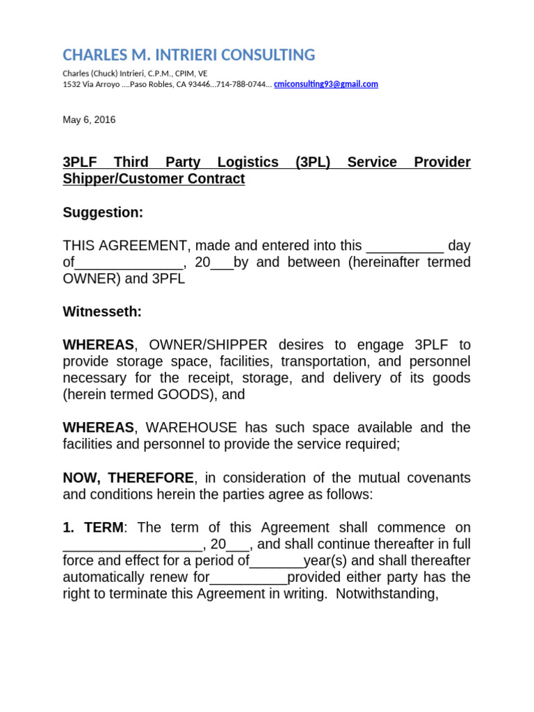 Third Party Logistics Services Agreement | PDF | Indemnity | Bill Of Lading