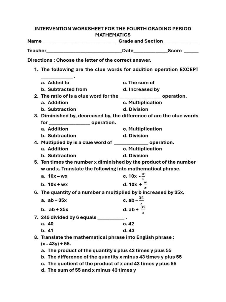 Fourth Grade Math Intervention Worksheet | PDF | Subtraction ...