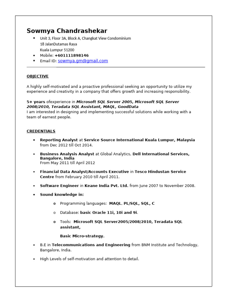 Sowmya Chandrashekar: Professional Profile | PDF | Microsoft Sql Server ...