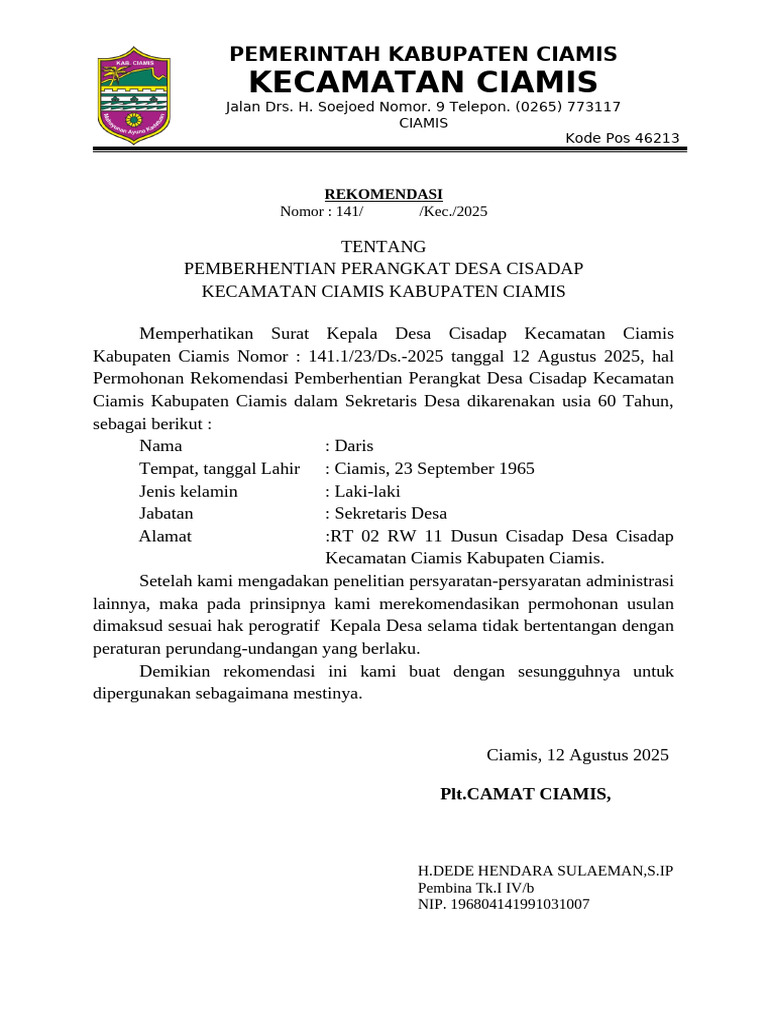 Contoh Rekom Pemberhentian Perangkat Desa Pensiun Cisadapp | PDF