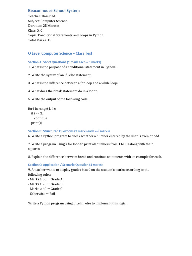 Python Conditional Statements and Loops Test Student Version | PDF