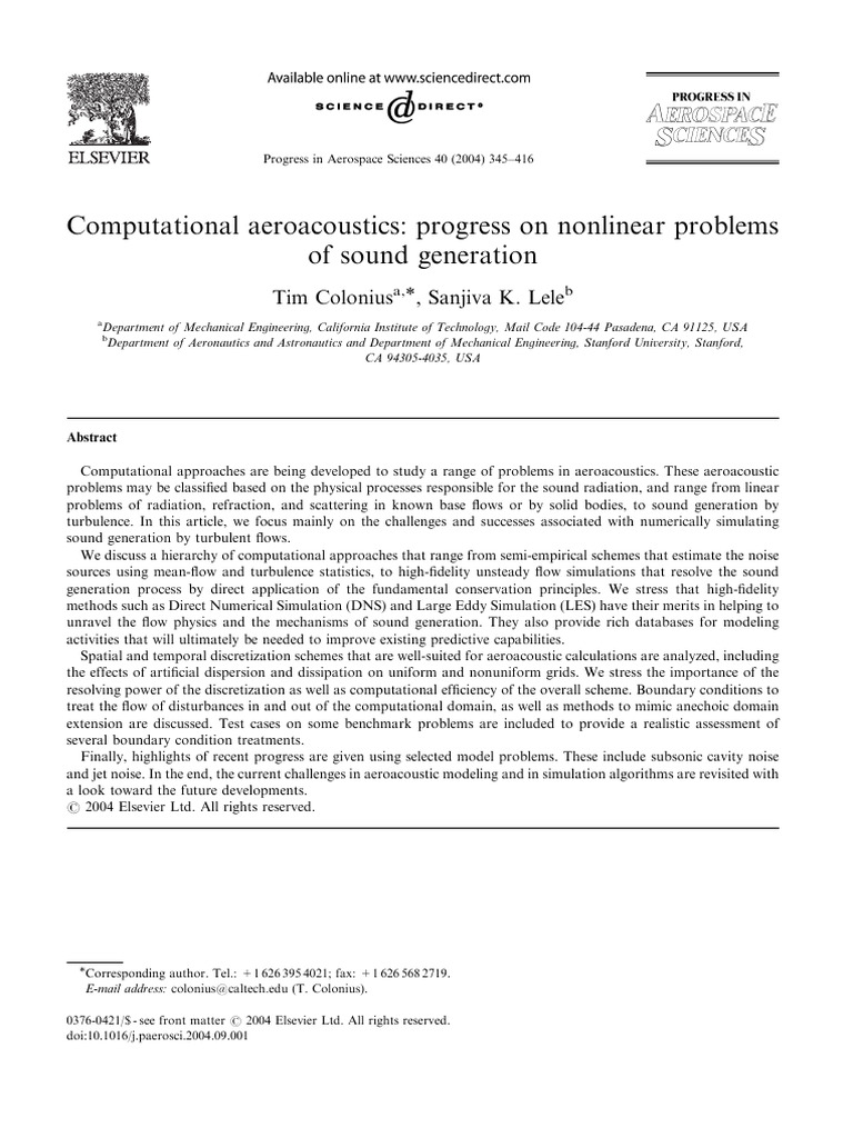 Computational Aeroacoustics Progress On Nonlinear Problems of Sound ...