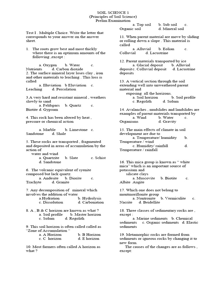 Soil Science Prelim Exam Questions | PDF | Soil | Rock (Geology)