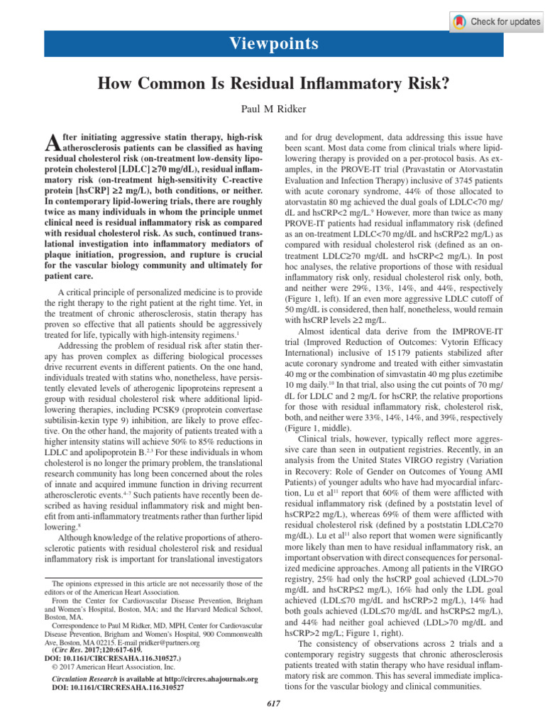 Ridker How Common Is Residual Inflammatory Risk | PDF | Low Density ...