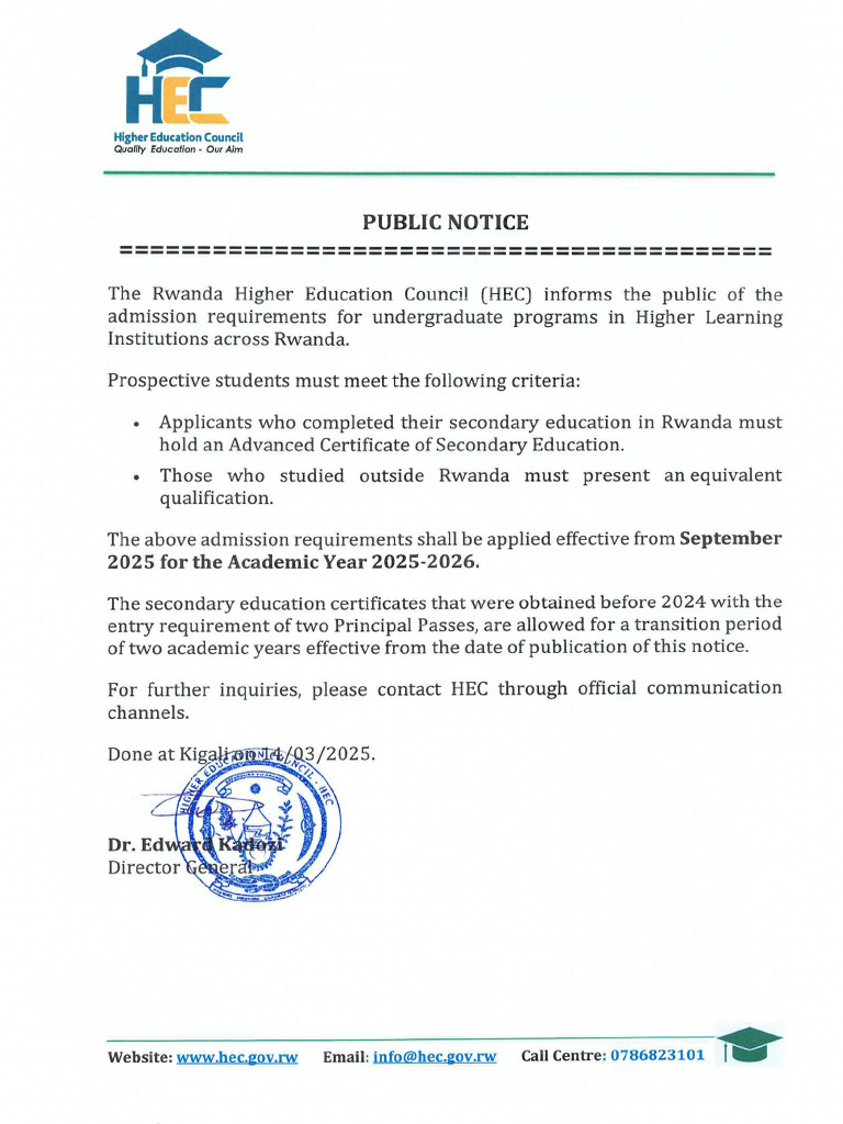 Public Notice - Admission Requirements For Undegraduate Programs | PDF