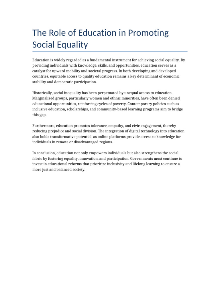The Role of Education in Promoting Social Equality | PDF