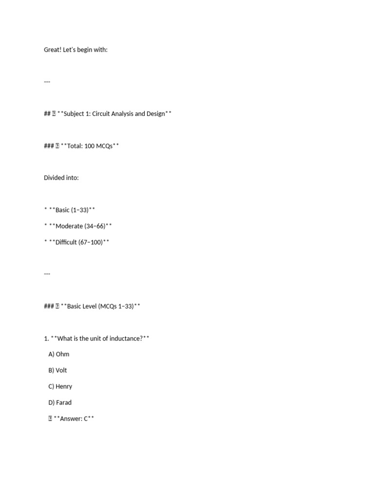 Circuit Analysis MCQs: 100 Questions | PDF | Electrical Impedance ...