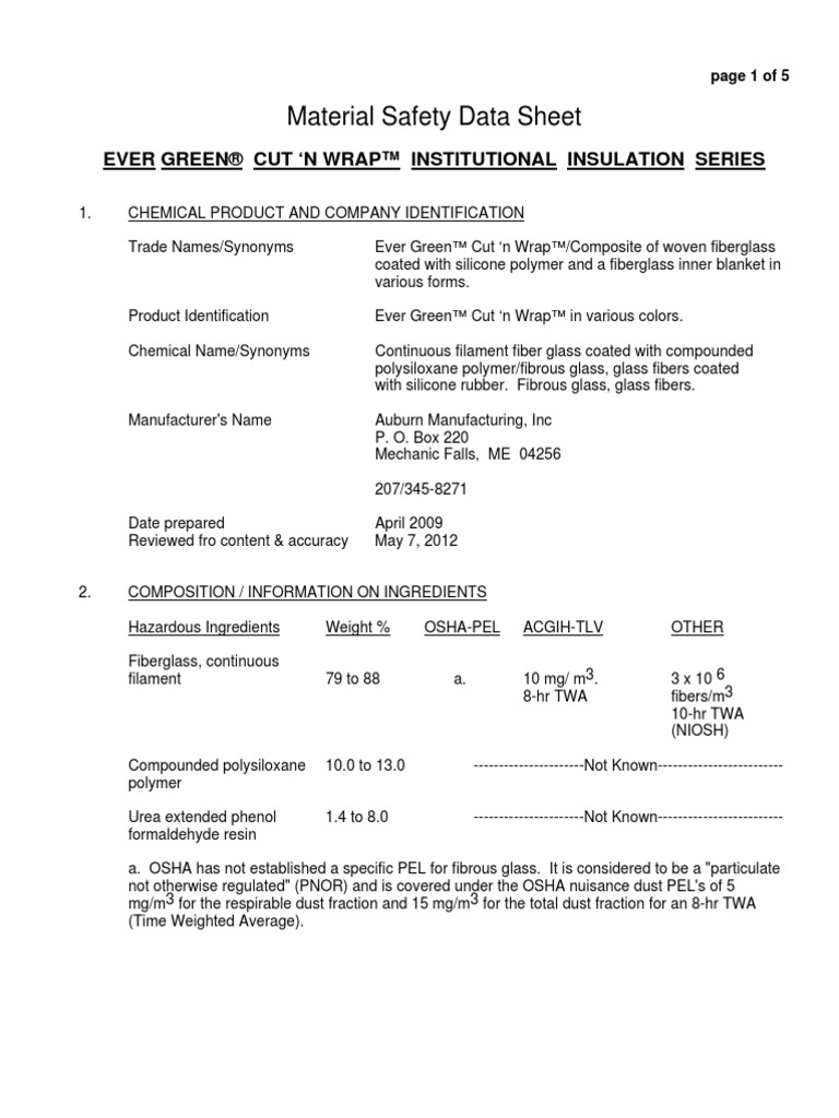 EverGreen MSDS 05.12 Fiberglass Personal Protective Equipment