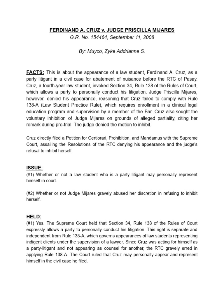 Ferdinand A. Cruz v. Judge Priscilla Mijares - Muyco | PDF