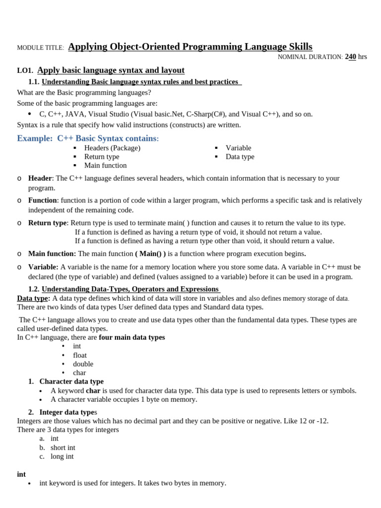 Object-Oriented Programming Basics | PDF | Integer (Computer Science ...