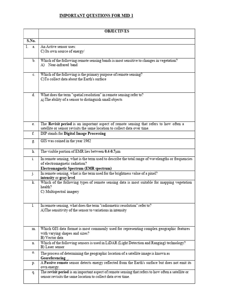 Key Remote Sensing Questions for Midterm | PDF | Geographic Information ...