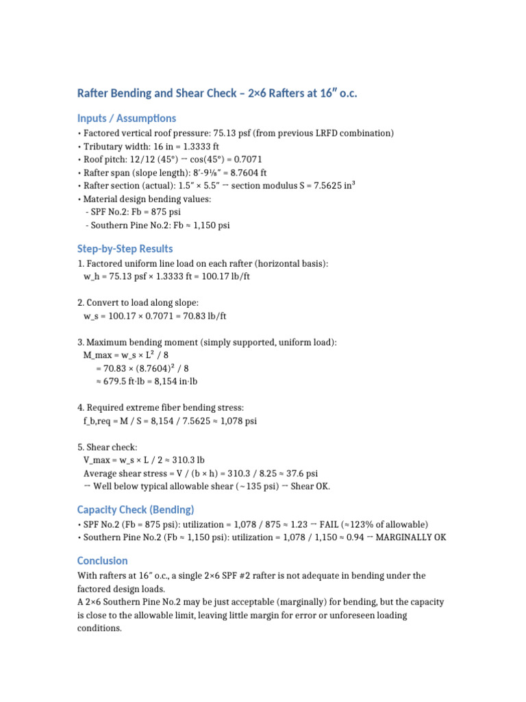 Rafter Bending & Shear Analysis 2x6 | PDF