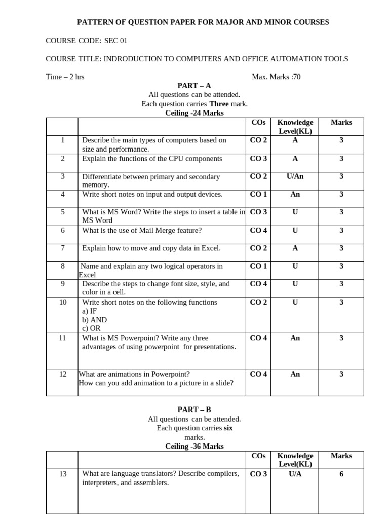 Question Paper Pattern for Computer Course | PDF | Computing | Software ...