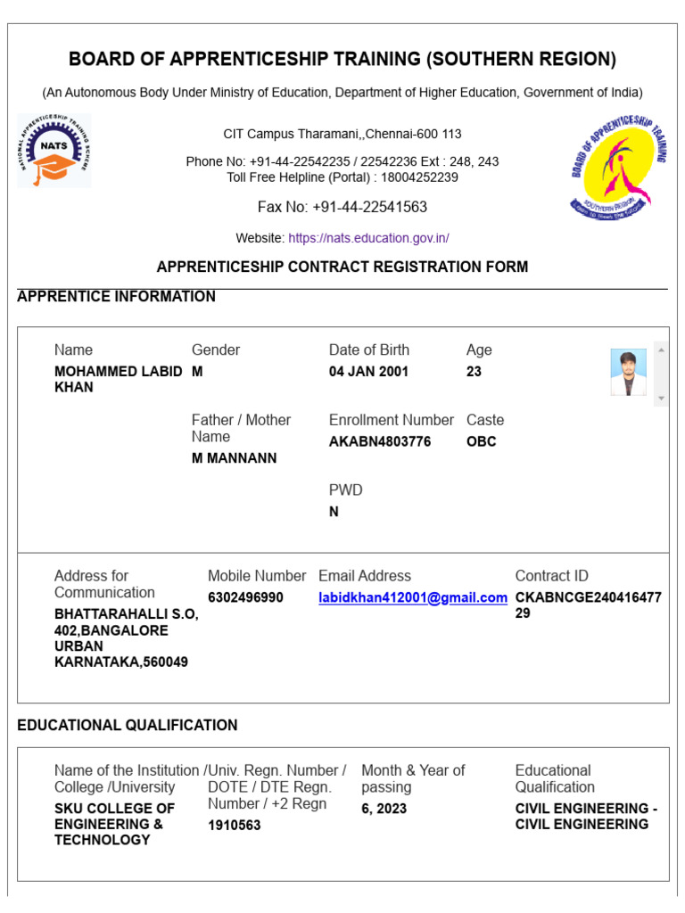Apprenticeship Contract Registration Form - Beml Labid | PDF ...