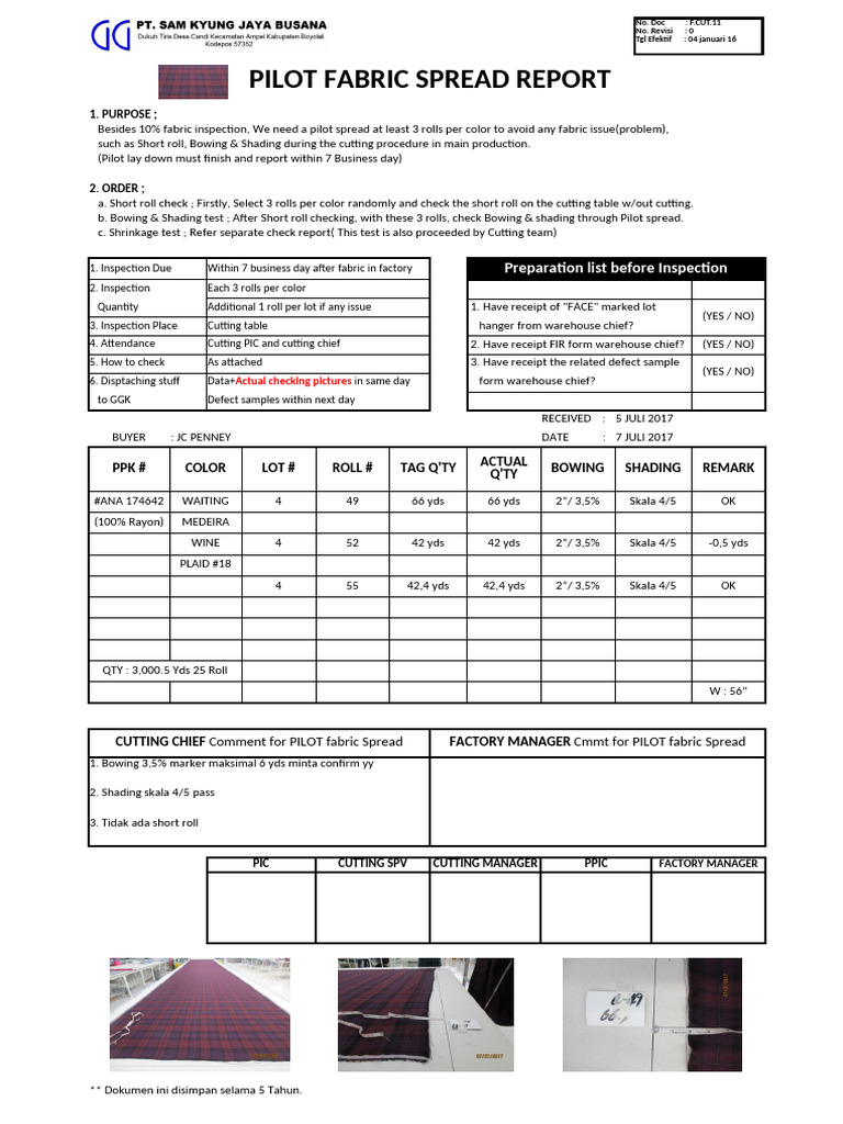 Pilot Fabric Spread Inspection Report | PDF