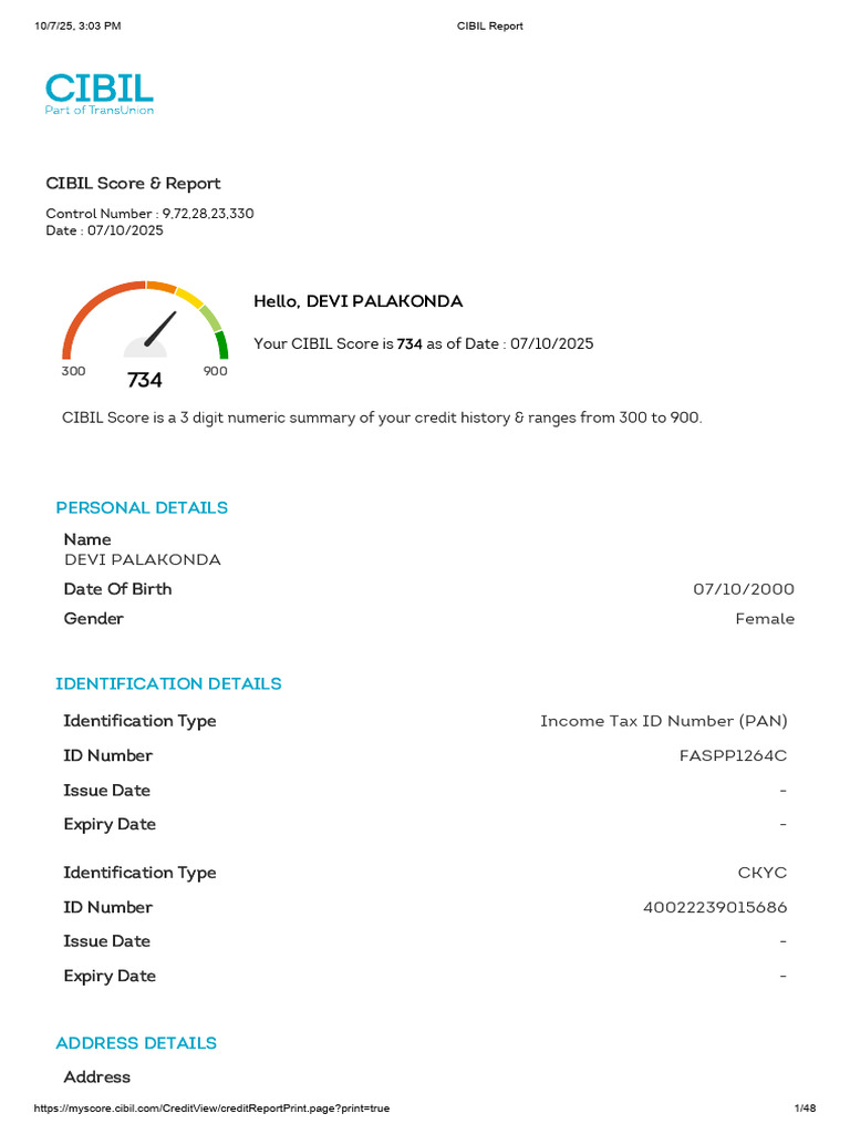 CIBIL Score Report for Devi Palakonda | PDF | Line Of Credit | Credit