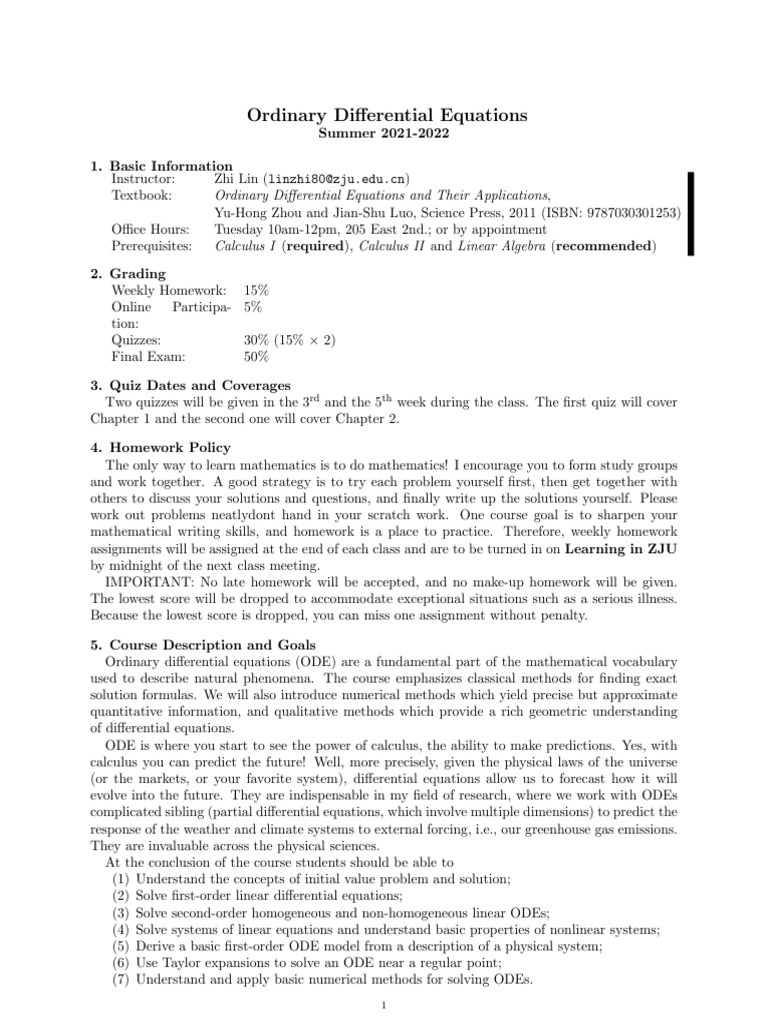 Ordinary Differential Equations Course Guide | PDF | Ordinary ...