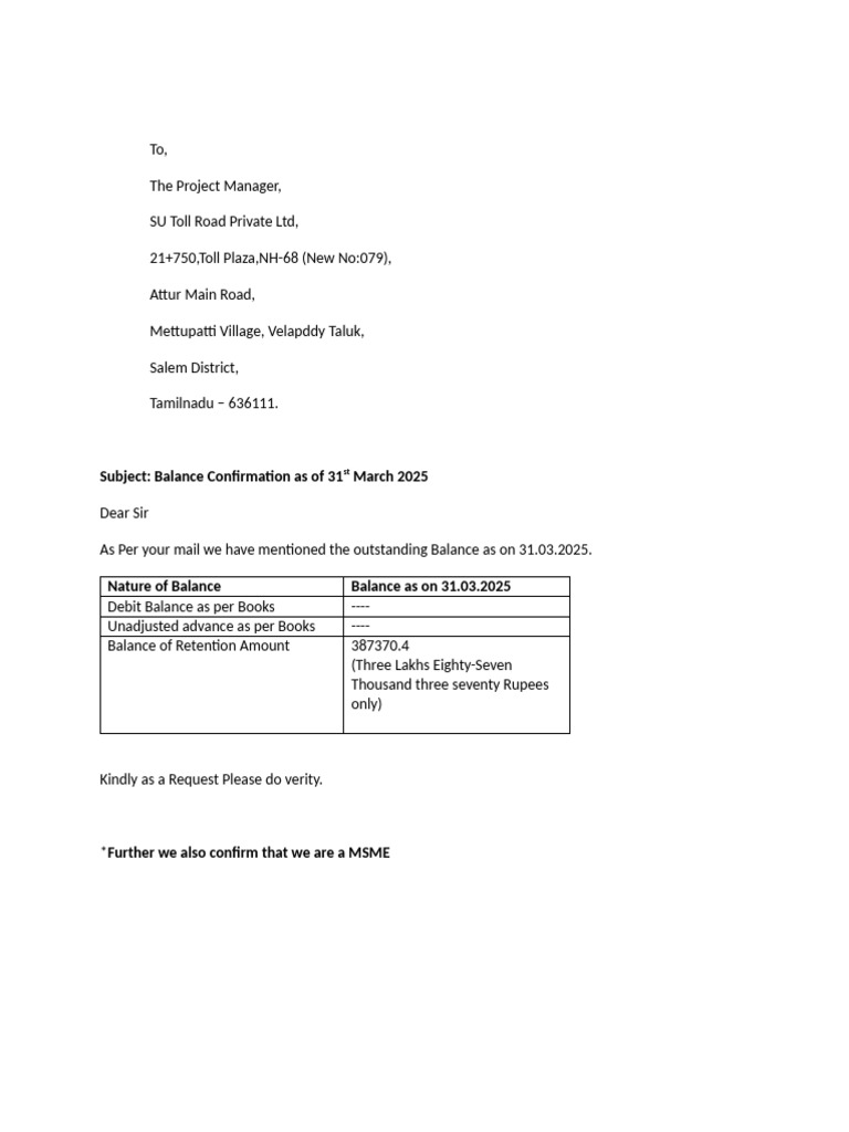 Balance Confirmation as of March 2025 | PDF