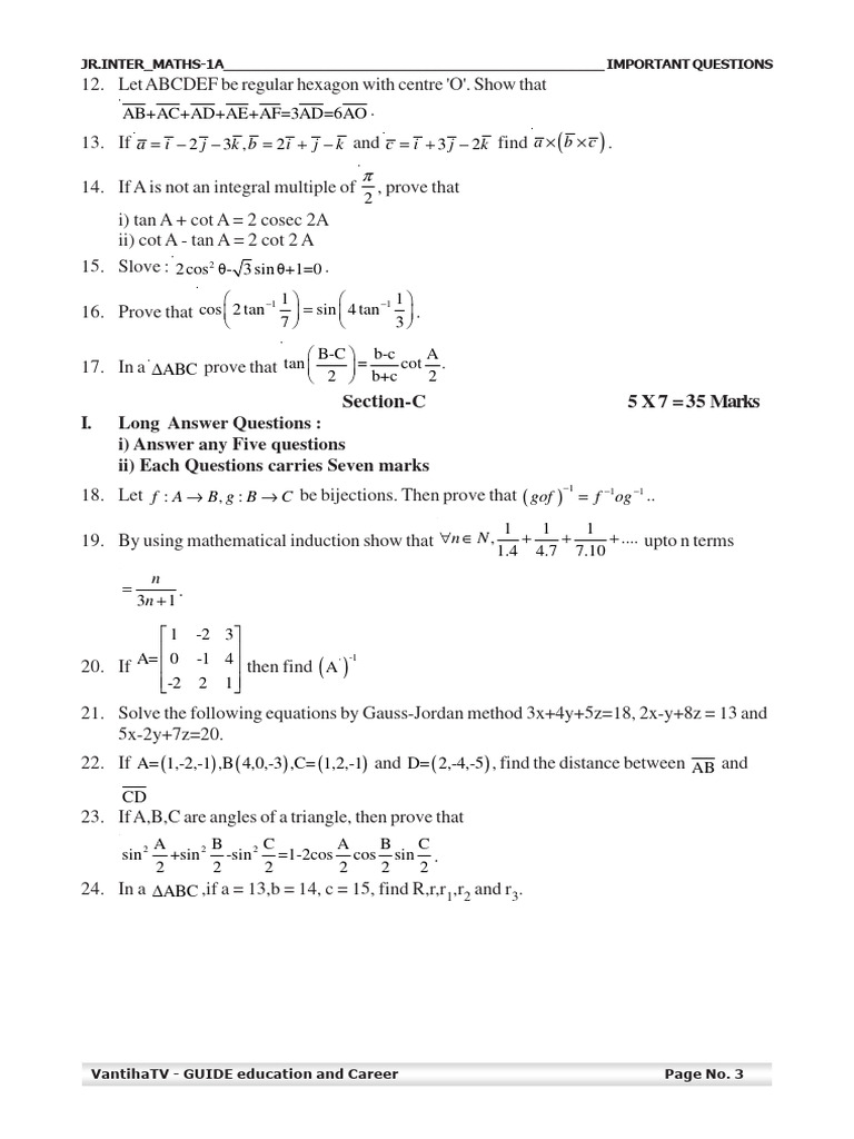Maths 1A Chapter Wise Important Questions 3 | PDF