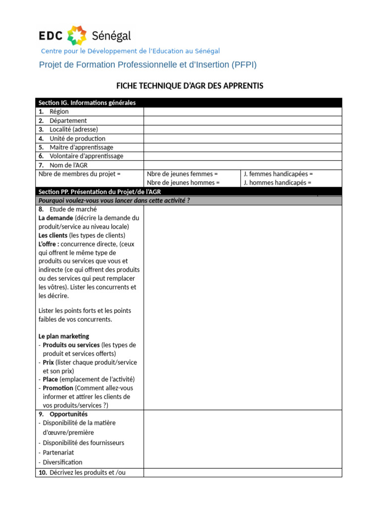 Fiche Technique AGR pour Formation PFPI | PDF