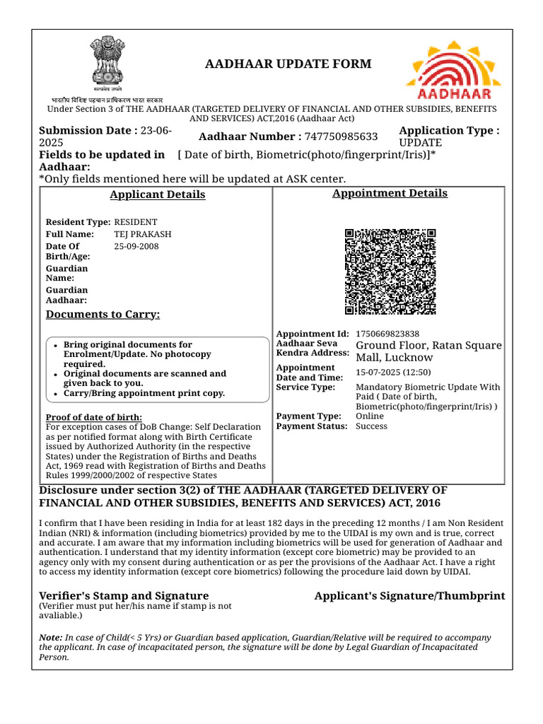 Aadhaar Update Form for Residents | PDF | Biometrics | Crime Prevention