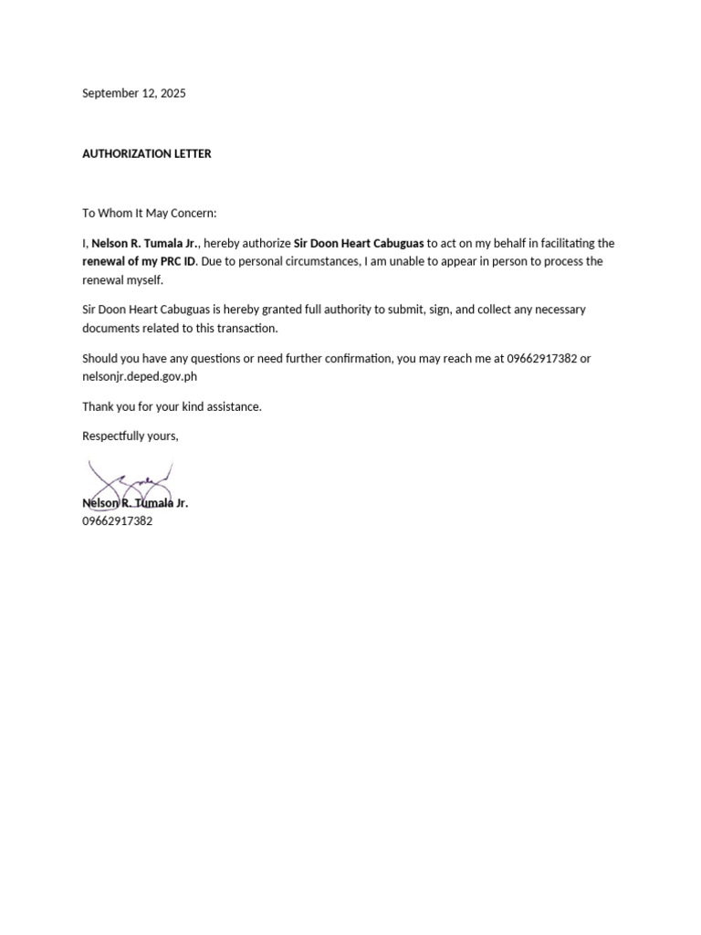 PRC Renewal Authorization Letter | PDF