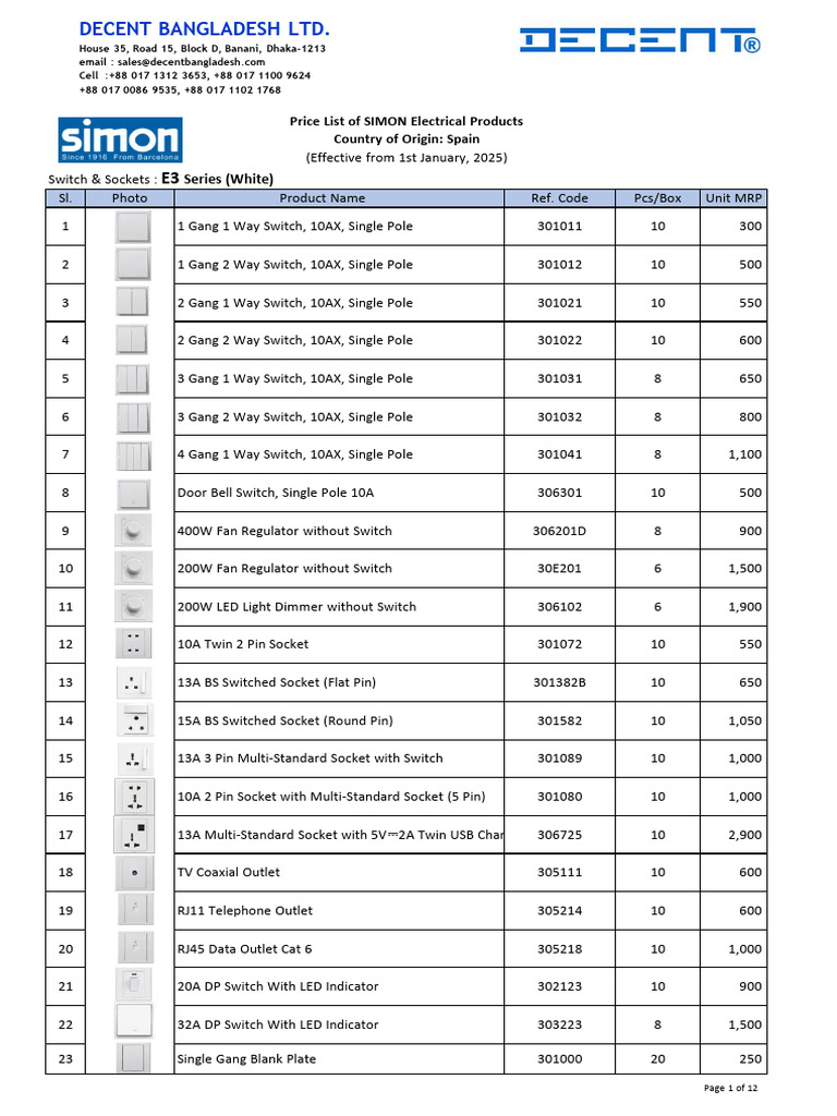 SIMON Electrical Products Price List | PDF | Sensor | Components