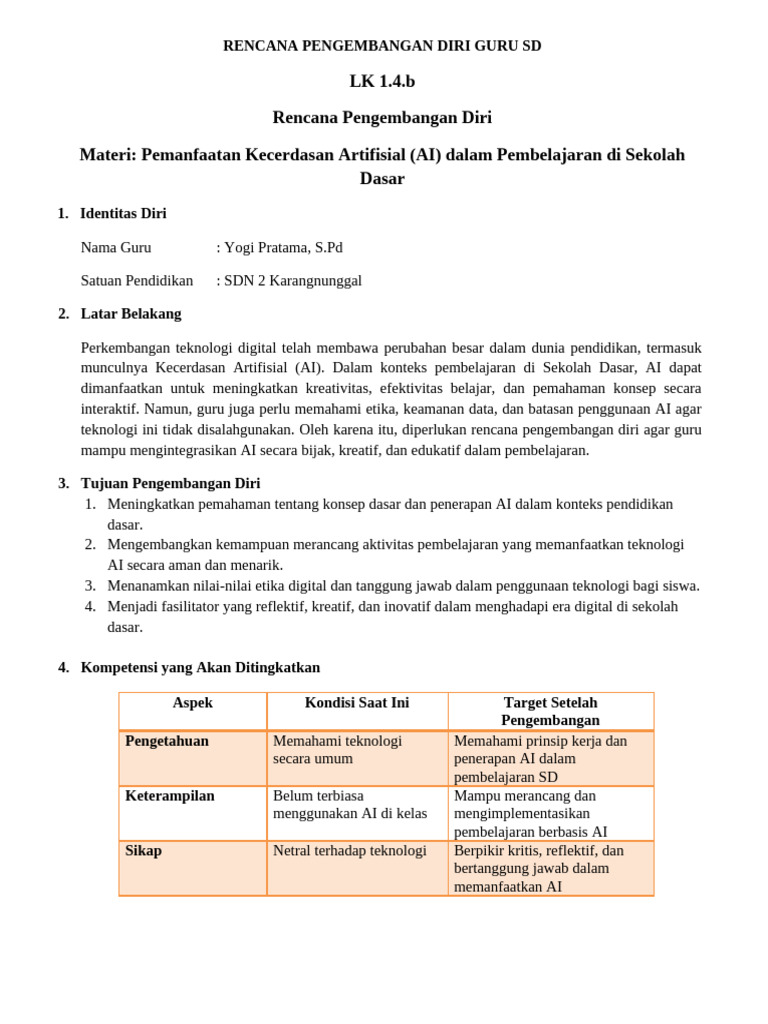Rencana Pengembangan Diri Guru SD dengan AI | PDF