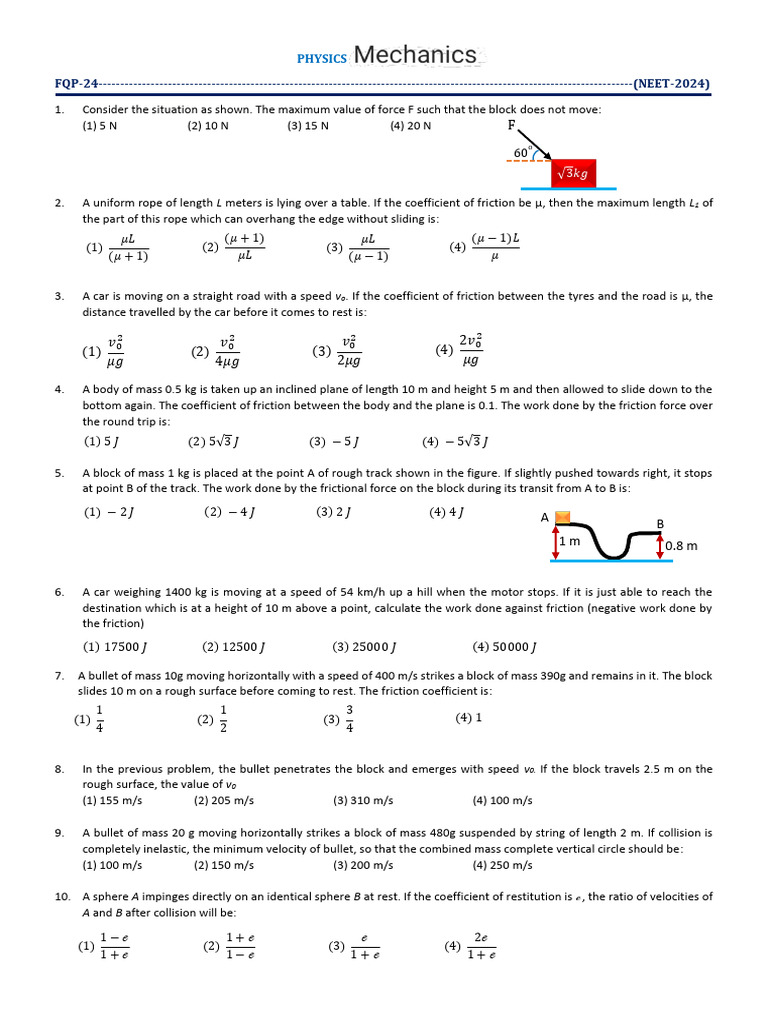 NEET-2024 Physics Practice Questions | PDF | Friction | Applied And ...