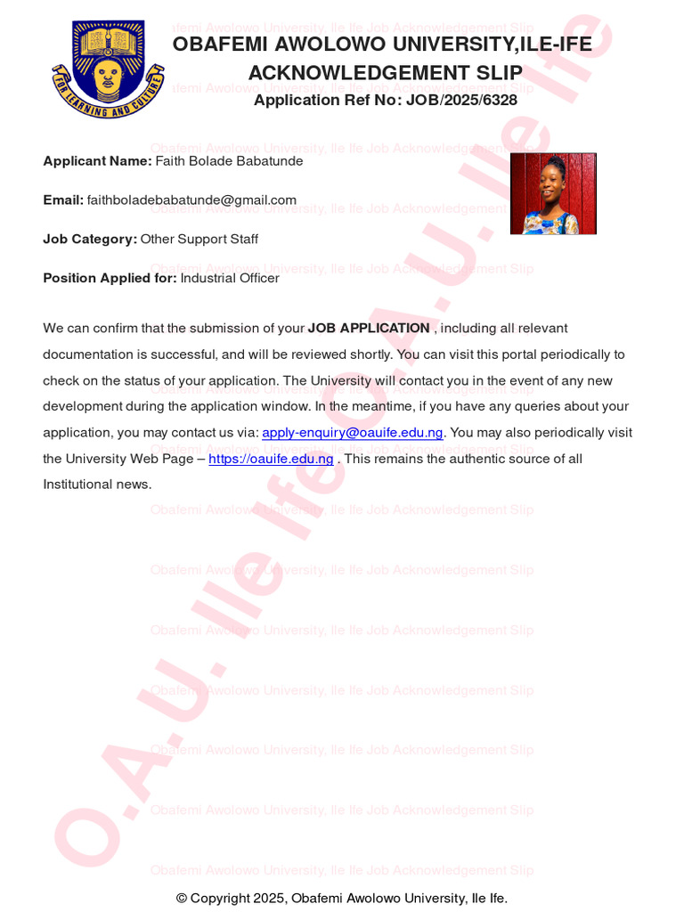 OAU Ile Ife Job Application Acknowledgement | PDF